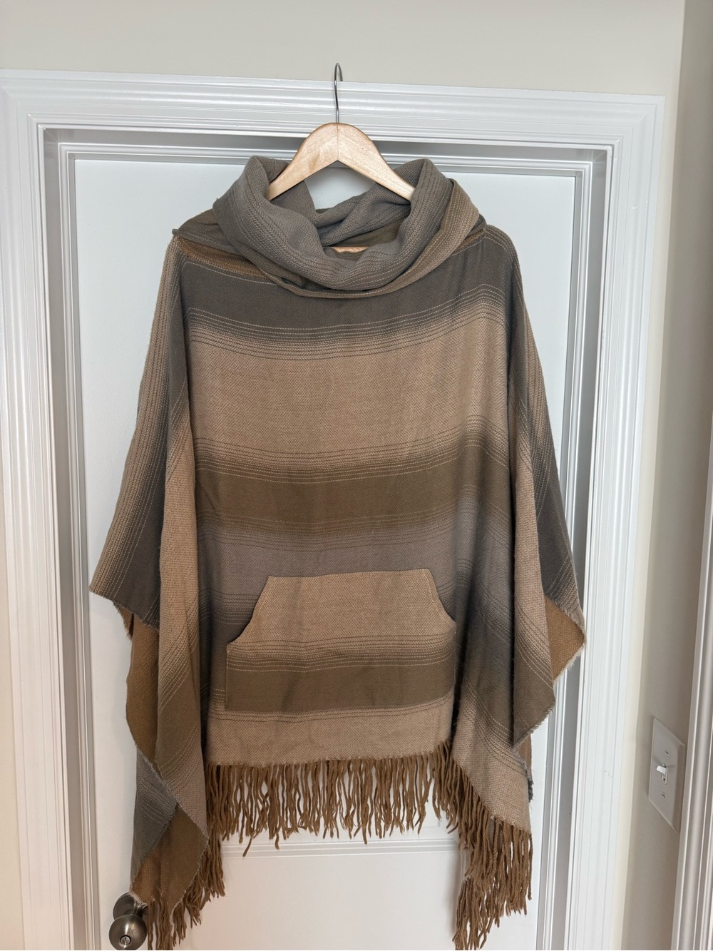 Free People Neutral Striped Fringe Poncho in Beige and Olive